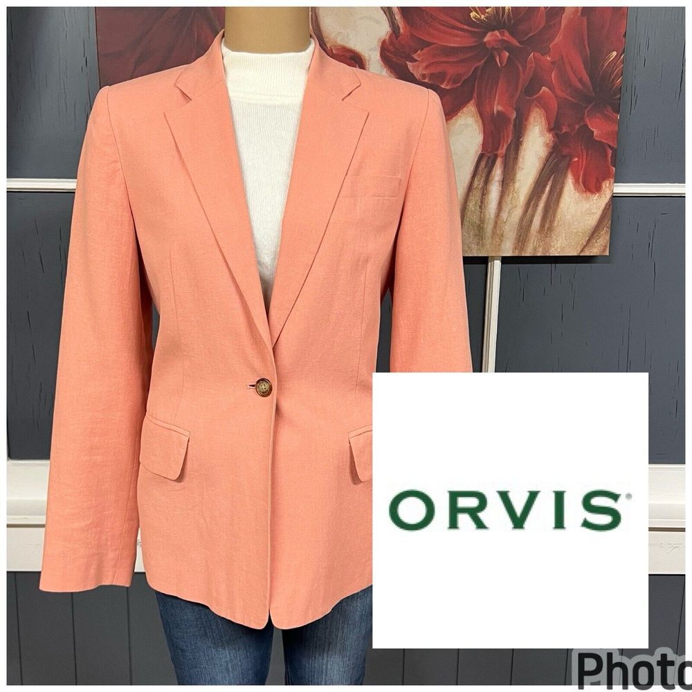 Orvis Women's Blazer Sz 6 Linen Tencel Sport Suit Jacket Cantaloupe One Button